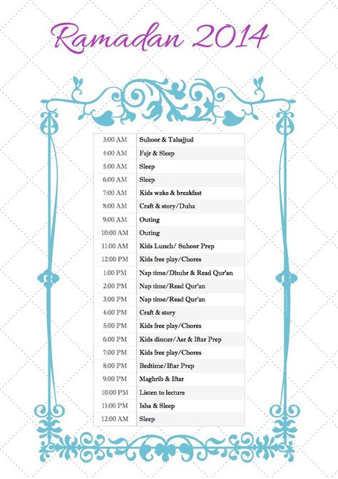 Ramadan Routine for Non-Super Moms 2014 Ramadan Routine, Prayer Timetable, Ramadan Time Table, Study Timetable Template, Muslim Illustration, Preparing For Ramadan, Ramadan Reminders, Ramadan Tips, Timetable Template