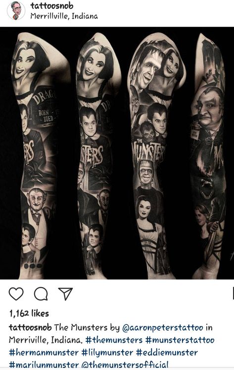 Eddie Munster Tattoo, The Munsters Tattoo, Herman Munster Tattoo, Munsters Tattoo, Gray Ink Tattoo, Universal Monsters Tattoo, Black And Gray Ink Tattoo, Herman Munster, Monster Tattoo