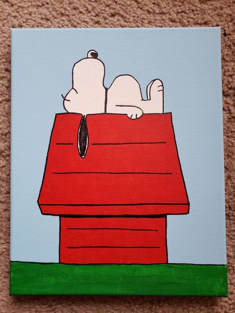 Simple Small Canvas Art, Snoopy On Doghouse, Dog Painting Ideas On Canvas, Snoopy Paintings On Canvas Easy, Paint Dog Easy, Easy Painting Ideas On Canvas Cartoon, Snoppy Paintings, Small Canvas Acrylic Painting Ideas, Simple Cartoon Paintings On Canvas