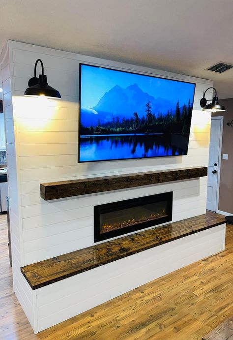 Slanted Ceiling Fireplace, Fireplace Slanted Ceiling, Shiplap Tv Wall, Tv Wall With Fireplace, Shiplap Fireplace Wall, Wall With Fireplace, Potting Bench Plans, Workbench Plan, Ceiling Fireplace