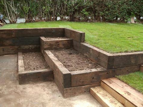 timber frame retaining wall, steps, terraced planting beds Railway Sleepers Garden, Sleepers In Garden, Garden Retaining Wall, Railway Sleepers, Tiered Garden, Sloped Garden, Garden Steps, Have Inspiration, Garden Area