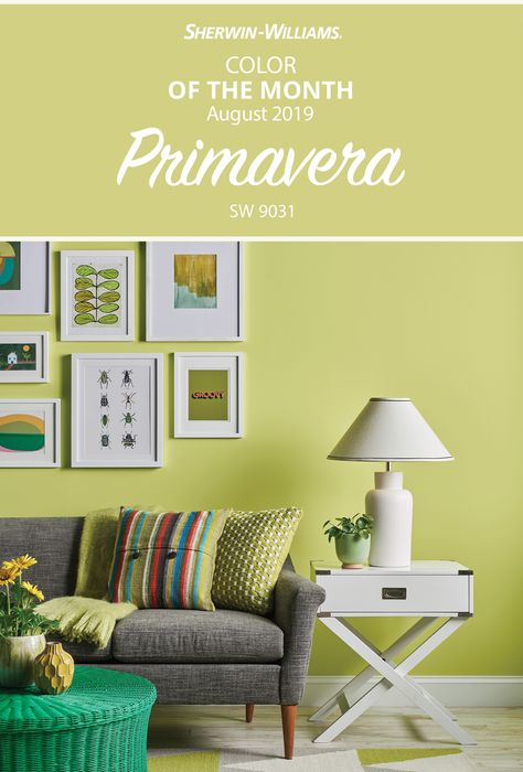 For a fun, fresh paint color that's sure to brighten any room, look no further than the Sherwin-Williams August Color of the Month, Primavera SW 9031. Perfect for your next nursery, living room, bedroom or furniture DIY project, this energizing chartreuse hue provides all the paint color inspiration you need. #sherwinwilliams #colorofthemonth #august #green #yellow #chartreuse #colorinspiration #diy #paintproject Light Yellow Paint, Modern Sofa Sets, Lime Green Bedrooms, Yellow Paint Colors, Color Of The Month, Modern Sofa Set, Paint Color Inspiration, Sherwin Williams Colors, Yellow Paint