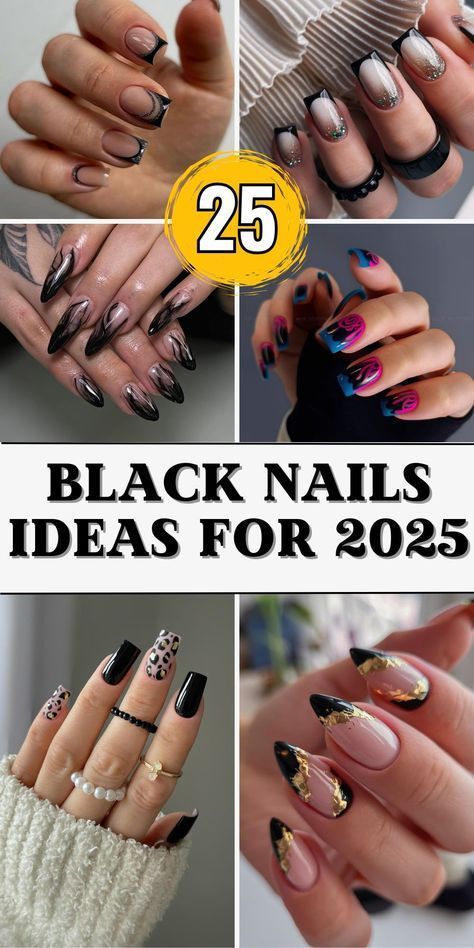 Black Nail Ideas Almond, Cute Black Nail Designs, Cute Natural Nails, Black Nails Ideas, Cute Black Nails, Black Nail Ideas, Summer Halloween, Black Almond Nails, Spring Nail Designs