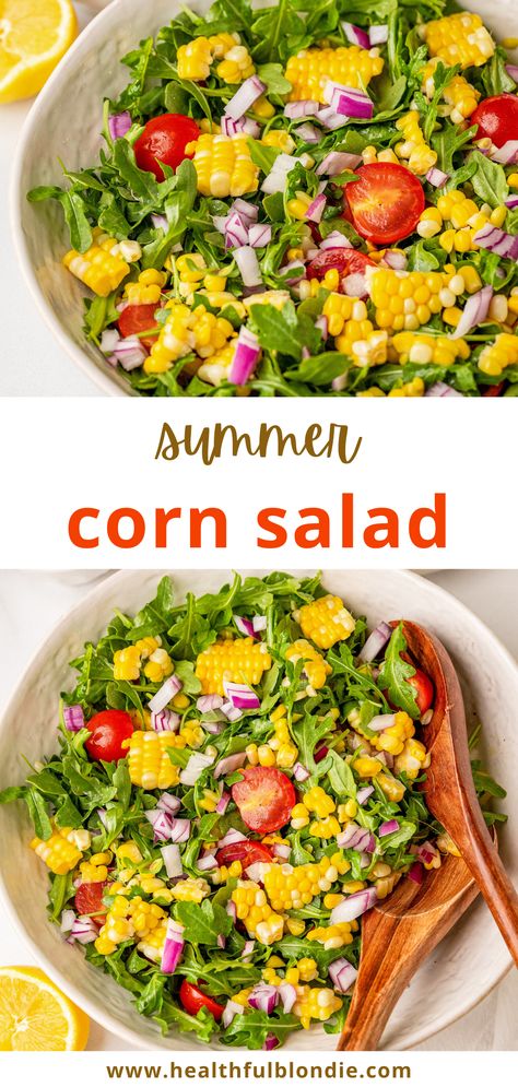 A refreshing, sweet, and easy to make fresh corn and arugula salad that is the perfect healthy summer dish. Made with simple, good-for-you ingredients, like sweet tomatoes, fresh cut corn kernels, crisp red onion, and dressed in a light homemade vinaigrette. Plus, it’s gluten free, dairy free, and vegan. The perfect flavorful side for everyone! #SummerRecipe #SummerSideDish #CornSalad #GlutenFree #Vegan Corn Tomato Salad, Healthy Corn, Homemade Vinaigrette, Corn Salad Recipes, Summer Corn Salad, Summer Corn, Summer Side Dishes, Summer Dishes, Healthy Gluten Free Recipes