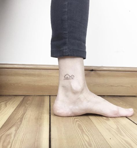 Mountain House Tattoo, Tiny House Tattoo Simple, House Tattoo Simple, Small House Tattoo, House Tattoos, Geometric Mountain Tattoo, Cute Ankle Tattoos, Small Sister Tattoos, Ankle Tat