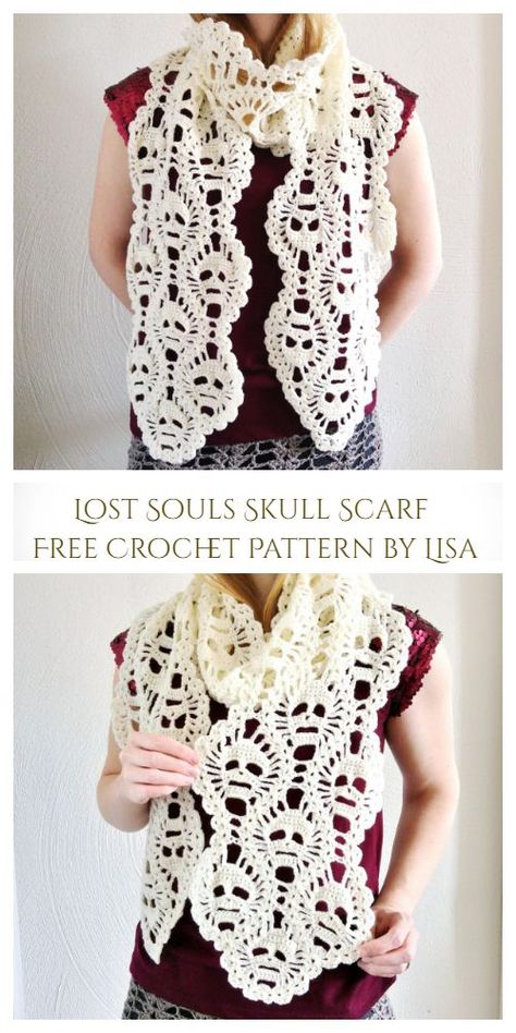 Lost Souls Skull Scarf Free Crochet Pattern Skull Crochet, Crochet Skull Patterns, Crochet Skull, Crochet Scarf Pattern Free, Skull Scarf, Halloween Crochet Patterns, Lost Souls, Crochet Tips, Crochet Shawls