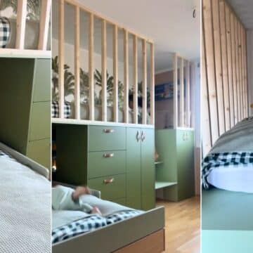 Ikea Loft, Ikea Room Divider, Kids Loft Bed, Ikea Loft Bed, Ikea Hack Bedroom, Ikea Bed Hack, Living Room Hacks, Hidden Desk, Space Saving Bedroom