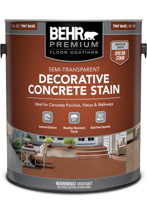 Semi-Transparent Decorative Concrete Stain | BEHR PREMIUM® | Behr Behr Semi Transparent Stain Colors, Behr Concrete Stain, Garage Floor Finishes, Transparent Concrete, Solid Stain Colors, Semi Transparent Stain, Concrete Stain, Basement Remodel Diy, Shingle Colors