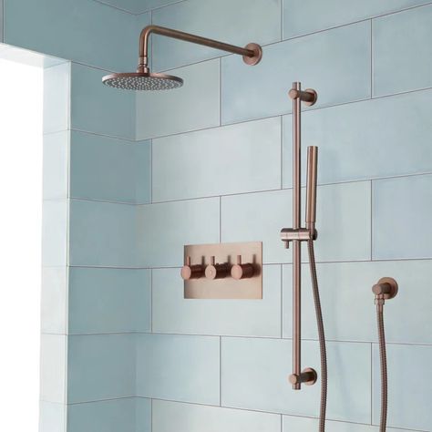 Signature Hardware Tosca Complete Thermostatic Shower System with Rough-in Valve & Reviews | Wayfair Shower Makeover, Brass Shower Head, Shower Style, Wall Mount Faucet Bathroom, Shower Fixtures, Shower Oil, Rainfall Shower Head, Rainfall Shower, Shower Hose