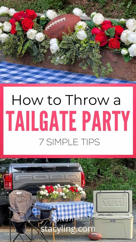 Are you ready for some football? Throw the best tailgating party with these simple tips. #tailgateparty #tailgatefood #tailgatesetup #tailgating #tailgatingparty #tailgatingrecipes #tailgatingfood #tailgatingideas #tailgatinghacks #partyideas #dinnerparty #dinnerpartyideas #footballpartyfood #footballpartydecorations Uga Tailgate Decor, Tailgate Centerpiece Ideas, Tailgate And Celebrate Engagement Party, Tailgate Couples Shower Ideas, Tailgate Setup, Tailgate Party Ideas, Tailgating Hacks, Supper Club Theme, Eagles Tailgate