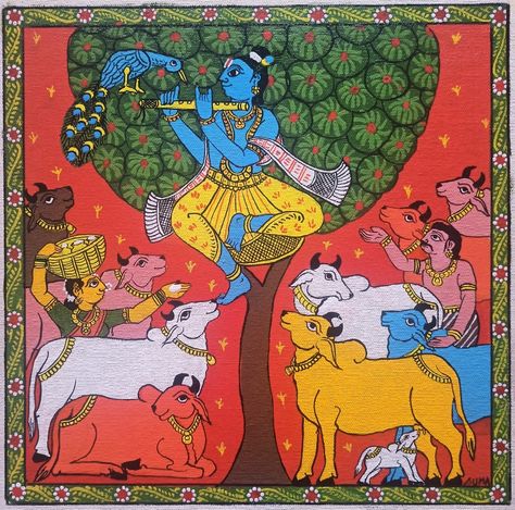 Lord Krishna painting in Cheriyal art form, 12" x 12" canvas board, Acrylic colours. Madhubani Krishna, Cherial Paintings, Odisha Painting, Cheriyal Paintings, Painting Of Lord Krishna, Abs Art, Mithila Art, Phad Painting, God Painting