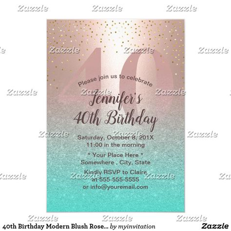 40th Birthday Modern Blush Rose Gold Aqua Teal Invitation Teal Invitations, 40th Birthday Party Invites, 80th Birthday Invitations, 21st Birthday Invitations, Modern Birthday, Rose Gold Confetti, Mermaid Birthday Invitations, 40th Birthday Invitations, Turquoise Glitter