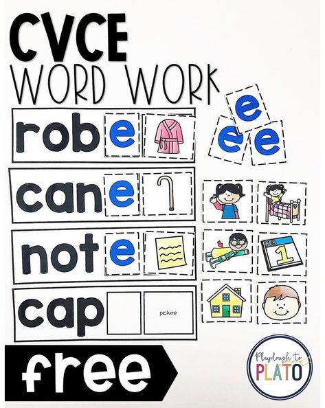 Are you looking for a helpful tool to teach students about the silent E once and for all? These colorful word work cards are must-try! They are great literacy centers for kindergarten and first grade readers any time of the year. #cvcewordwork #kindergartenreadingcenters #firstgrade #playdoughtoplato Kindergarten Reading Centers, Centers For Kindergarten, Playdough To Plato, Silent E, Word Work Centers, First Grade Phonics, Cvce Words, Magic E, First Grade Reading