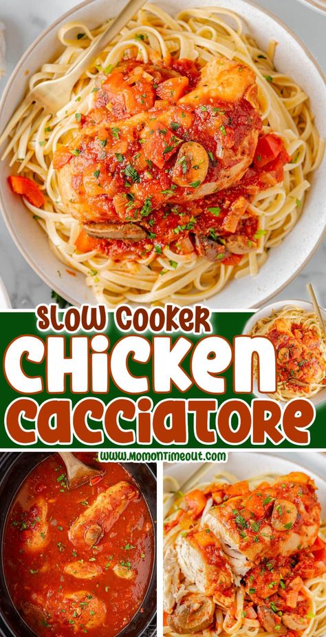 This Slow Cooker Chicken Cacciatore is a classic Italian dish that's packed with flavor and perfect for a cozy weeknight meal. This slow cooker version simplifies the traditional recipe, allowing you to enjoy the rich, savory sauce and tender chicken without all the fuss. With a combination of tomatoes, peppers, onions, and herbs, this dish is a hearty and satisfying option that's sure to become a family favorite. | MomOnTimeout.com Chicken Catchatori Recipe Slow Cooker, Chicken Cattitore Recipes Crockpot, Mom On Timeout Recipes, Chicken Cacciatore Slow Cooker, Crockpot Chicken Cacciatore, Slow Cooker Chicken Cacciatore, Gluten Free Crock Pot Recipes, Slow Cooker Italian Beef, Slow Cooker Appetizers