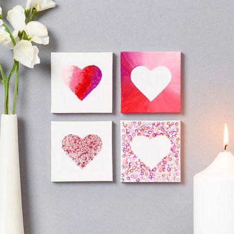 Mini Valentine’s Canvases Valentines Day Canvas Painting, Valentine Paintings On Canvas Easy, Valentines Day Paintings On Canvas Easy, Valentine Canvas Painting, Valentines Canvas Painting Ideas, Valentines Day Painting Ideas On Canvas, Simple Mini Canvas Paintings, Valentines Canvas, Valentines Painting