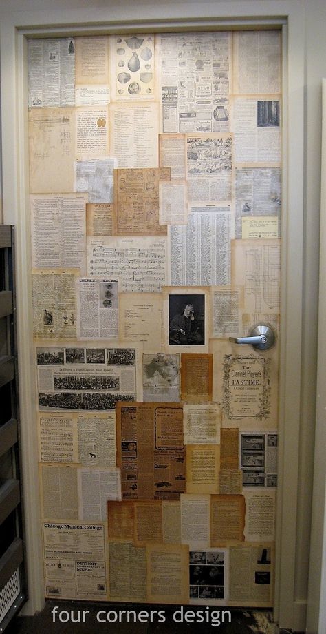 four corners design: Paper + glue = inspiration Aesthetic Room Door, Door Decorations Aesthetic, Book Pages Wall Decor, Aesthetic Door Decor, Book Paper Wall, Newspaper Decor, Corners Design, Newspaper Wall, Diy Room Decor For Teens