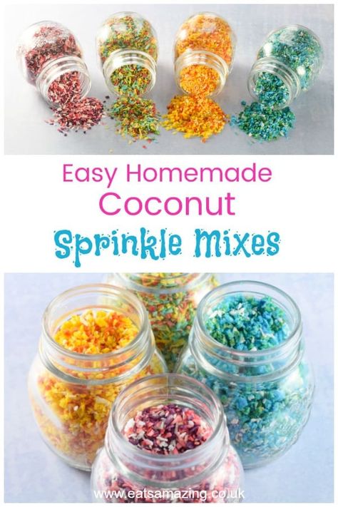 Super easy DIY coconut sprinkle mixes for cake decorating and fun food - with 5 fun colour mix ideas they make great sugar free healthy sprinkles for kids #sprinkles #funfood #foodart #edibleart #cakedecorating #cookingwithkids #rainbowfood #partyfood #kidsfood #healthykids #rainbow #coconut Healthy Sprinkles, Homemade Sprinkles, Cake Decorating For Kids, Diy Sprinkles, Sprinkles Recipe, Diy Coconut, Fairy Bread, Cooking With Coconut Oil, Rainbow Food