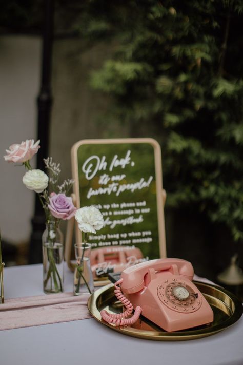 Vintage telephone for audio wedding guest book | Image by Sunny Golden Audio Guest Book Vintage, Wedding Guest Phone, Phone Booth Wedding Guest Book, Phone Guest Book Table, Vintage Phone Wedding Guest Book, Vintage Phone Guest Book, Wedding Corner Ideas, Telephone Wedding Guest Book, Wedding Telephone Booth