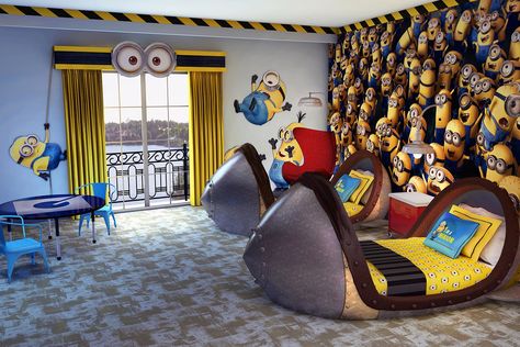 Despicable Me family suite at the Loews Portofino Bay Hotel. ALMOST makes me want to do a day at Universal Studios to stay here! The Movie, Minion, Orlando, Hotel, Bedroom, Minions