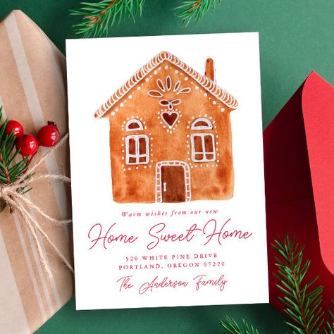 Merry Christmas from our New Home #Invitation #card #template #design #pinterestquotes #pinterestideas #pinterestmom #pinterestwedding #aesthetic #love #art #pinterestsuccess Christmas Moving Announcement, New Home Announcement, Home Announcement, Watercolor Gingerbread, Gingerbread Cards, Watercolor Holiday Cards, Snow Design, Watercolor Calendar, New House Announcement