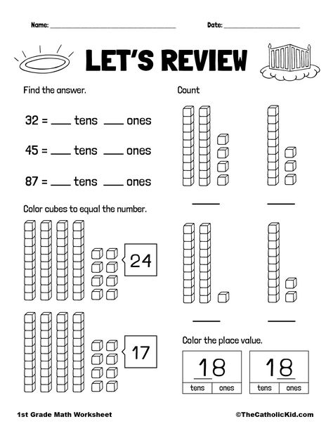 1st Grade Math Review Worksheet - TheCatholicKid.com Back To School Worksheets, Math Practice Worksheets, First Grade Math Worksheets, Math Charts, Math Sheets, Math Place Value, 1st Grade Writing, 1st Grade Math Worksheets, Printable Math Worksheets