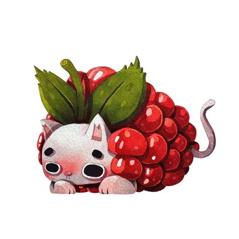 Animal Fruits Drawing, Animal Food Illustration, Animals With Food Drawing, Raspberry Character, Fruit Themed Character Design, Strawberry Animal Art, Cute Raspberry Illustration, Illustration Art Kids, Abstract Art Painting Techniques