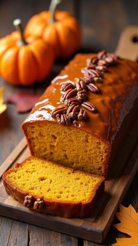 Pumpkin Bread With Maple Glaze and Pecans Maple Glazed Pumpkin Bread, Bread Glaze Recipe, Bread Glaze, Magical Food, Pumpkin Loaf, Quick Easy Recipes, Loaf Cakes, Creamy Pudding, Pumpkin Bread Recipe