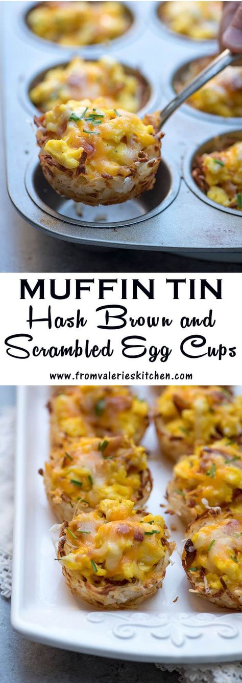 Crispy hash brown cups baked with a cheesy scrambled egg and bacon mixture. Muffin Tin Hash Brown and Scrambled Egg Cups are perfect for your brunch menu! Hash Brown Muffins, Hash Brown Cups, Bacon Brunch, Crispy Hashbrowns, Brunch Eggs, Brown Cups, Scrambled Egg, Hash Brown, Breakfast Cups