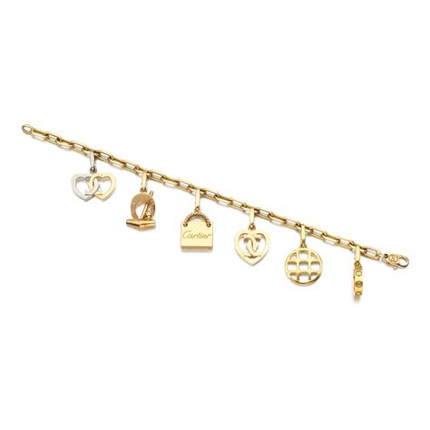 Charm bracelet, Cartier Suspending six detachable charms, length approximately 190mm, each signed Cartier and numbered, case and box stamped Cartier, gross weight approximately 41 grams. Sothebys Art, Bracelet Cartier, Jewelry Words, Fine Jewels, Art Auction, Charm Jewelry, Cartier, Jewelry Inspiration, Time Piece