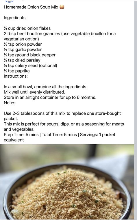 Homemade onion soup mix Dry Onion Soup Mix Substitute, Keto Onion Soup Mix Recipe, Copycat Lipton Onion Soup Mix Recipe, Diy Onion Soup Mix Recipe, Homemade Onion Soup Mix Recipe, Dried Onion Soup Mix Recipes, Vegan Seasonings, Homemade Onion Soup, Onion Soup Mix Recipe