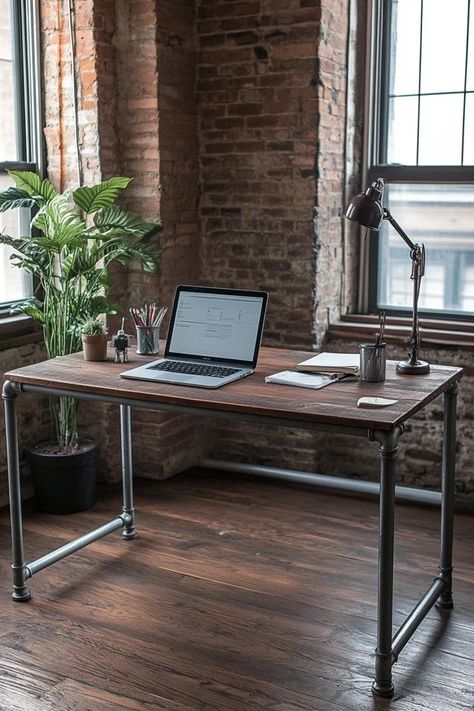 Learn how to make a stylish and functional industrial desk using affordable materials. Ideal for a modern and chic workspace! 📋🔨 #DIYHomeOffice #DeskIdeas #IndustrialStyle #DIYProjects #OfficeInspiration Industrial Desk Office, Industrial Pipe Desk, Chic Workspace, Pipe Desk, Desk Diy, Industrial Desk, Industrial Pipe, Desk Office, Diy Desk