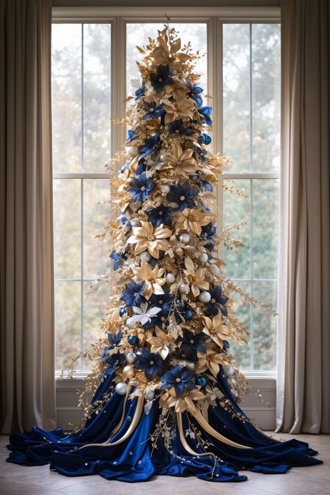 Elevate Your Holidays: Embracing the Blue, White, and Gold Christmas Tree Trend – A Sparkly Life for Me Royal Blue And Gold Christmas Decor, Royal Christmas Tree, Blue And Gold Christmas Tree, Tree Skirt Ideas, Christmas Ceiling, Blue And Gold Christmas, Christmas Banquet, Blue Christmas Tree Decorations, Glam Christmas Tree