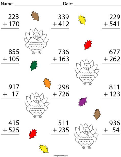 Turkey Addition, Teaching Aids For Maths, Addition Activities Kindergarten, Year 3 Maths Worksheets, Middle School Grammar Worksheets, Year 3 Maths, Math Helper, Holiday Math Worksheets, Subtracting Integers