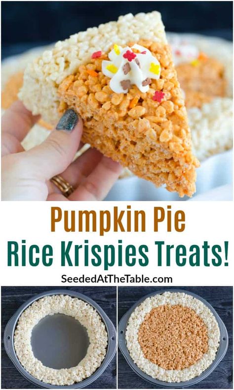 Rice Krispie Treat Pumpkin Pie, Rice Krispie Treats Thanksgiving Ideas, Thanksgiving Desserts Kids Easy, Thanksgiving Rice Krispie Treats Ideas, Thanksgiving Potluck Ideas For Kids, Thanksgiving Potluck Ideas Desserts, School Potluck Ideas Kids, Thanksgiving Class Treats, Kids Thanksgiving Treats