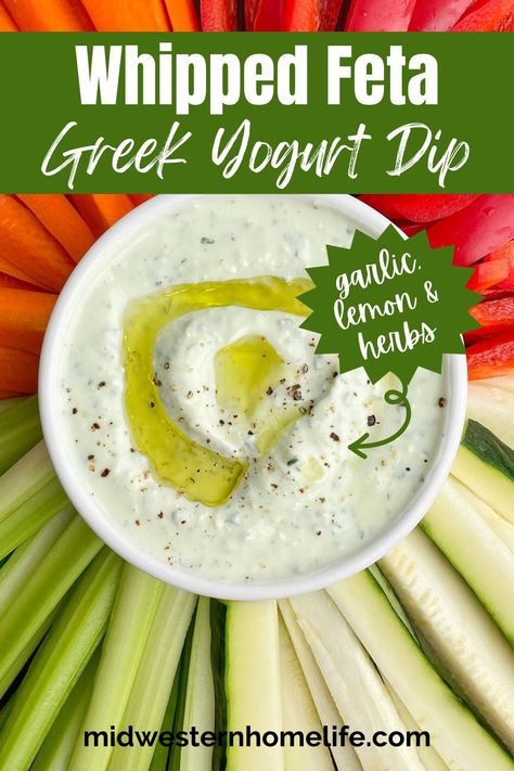 Whipped Yogurt Feta Dip with fresh lemon, garlic, and herbs is an easy Greek yogurt dip recipe for veggies, chips, or crackers. Garlic Yogurt Dip, Cottage Cheese Greek Yogurt Dip, Feta And Yogurt Dip, Yogurt Feta Dip, Yogurt Veggie Dip Recipe, Savory Greek Yogurt Dip, Whipped Feta Dip Greek Yogurt, Dips Made With Greek Yogurt, Homemade Dips For Veggies