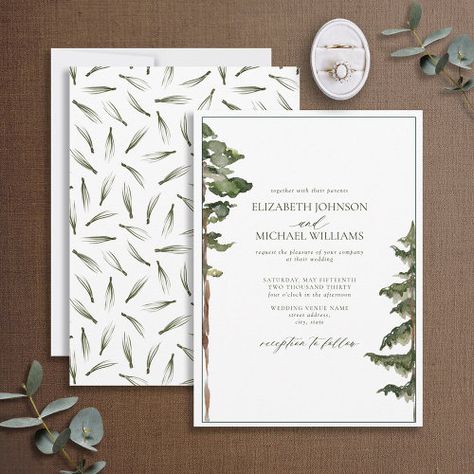 $2.95 | Simple Rustic Green Pine Tree Forest Wedding - pine tree, rustic, woodland, evergreen trees, winter, green and white, outdoor, mountains, watercolor forest wedding, elegant Forest Wedding Invitation, Watercolor Pine Trees, Mountains Watercolor, Forest Wedding Invitations, Rustic Invitation, Pine Tree Forest, Afternoon Wedding, Pine Trees Forest, Green Themed Wedding