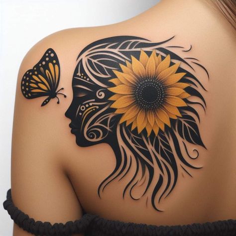 Sunflower Tattoo On Back Shoulder, Sunflower Neck Tattoo, Oshun Tattoo, Indian Tattoos For Women, Feather Hip Tattoos, Coverup Wrist Tattoos For Women, Shoulder Cover Up Tattoos, Crown Tattoos For Women, Pink Ribbon Tattoos