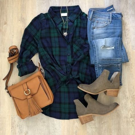 {Fall Look: Plaid & Booties} // Nothing beats a lightweight plaid shirt for fall ~ warm or cool, a lightweight version is easy to layer or wear by itself with jeans, shorts, or even a skirt at work. My plaid shown here is only $25, comes in #F3 colors, and can be worn down or tied in the front as shown (it's a little longer in the back, but not tunic-y). Outfit details on the blog. #ShopStyle #shopthelook #FallStyle #MyShopStyle #Nordstrom #NordstromRack #Flatlay #Fl... Blue Plaid Shirt Outfit, Boots And Jeans Outfit, Plaid Shirt Outfit, Boots And Jeans, Casual Fashion Trends, Jeans Outfit Fall, Trendy Boots, Blue Plaid Shirt, Outfit Jeans