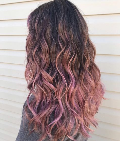 Rose Gold Dip Dye Hair, Blush Balayage Brunette, Rose Gold Balayage Curly Hair, Brown Hair With Blonde And Pink Balayage, Brunette With Blonde And Pink Highlights, Curly Hair Pink Balayage, Pink Babylights Brunette, Brunette Balayage Hair Pink, Pink Tip Hair Brown