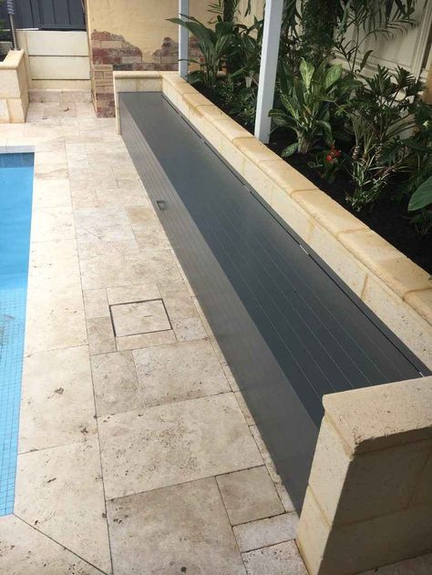 Pool Roller Cover, Easy Pool Cover Ideas, Pool Blanket Boxes, Pool Paving Ideas Australia, Pool Covers Above Ground, Pools Backyard Australia, Pool Gardens Australia, Above Ground Pool Pump Cover Ideas, Cover Pool Ideas