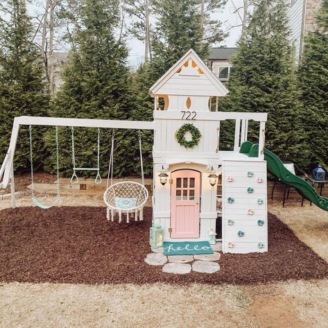 Princess Playhouse Outdoor, Playset Area In Backyard, Kids Porch Play Area, Under Playset Ideas Outdoor Play, Playhouse Swingset Makeover, Playhouse Under Swingset, Kids Play Set Outdoor, Swingset Accessory Ideas, Play Structure Makeover