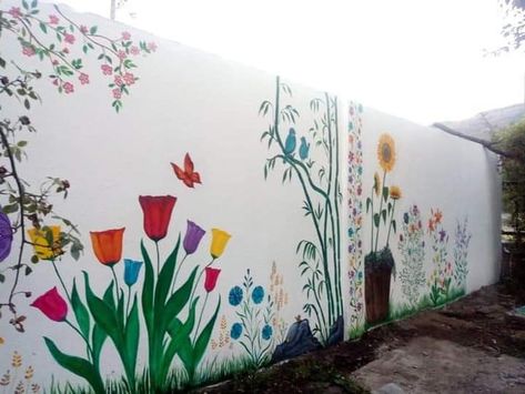 Balcony Wall Painting Ideas, Garden Wall Painting Ideas, Outside Wall Paint, Cartoon Wall Painting, Diy Kids Art, Garden Fence Art, Flower Mural, Diy Crafts Love, Diy Wall Painting