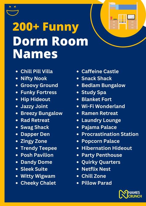 Unleash the laughter with over 200 hilarious dorm room names! 🛏️😂 Perfect for making your college years even more memorable or just to have a good laugh. Pin and share with fellow students or those looking to add a touch of humor to their living space! #DormRoomLaughs #FunnyNames Room Names Ideas, Funny Dorm Room, Cool Dorm, Snack Shack, Chill Zone, Natural Hair Growth Tips, Cool Dorm Rooms, Blanket Fort, Hijab Trends