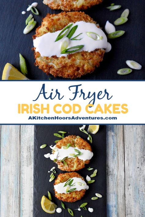 Leftover mashed potatoes and leftover cod make for a simple, quick, and delicious dinner.  Irish Cod Cakes are crispy on the outside, creamy good on the inside, and come together in a snap!  You can easily prepare them ahead of time and chill until you’re ready to cook them. via @akitchenhoor Air Fryer Fish Cakes, Cod Appetizer Recipes, Leftover Cod, Make Ahead Party Appetizers, Cod Fish Cakes, Cod Cakes, Irish Dinner, Ideas For Appetizers, Cod Fish Recipes