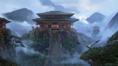 Wallpaper Temple, Fantasy Art, Artwork, Landscape, Japanese Temple Background, Temple Wallpaper, Japan Temple, Wallpaper 1920x1080, Japanese Temple, Temple Art, Landscape Concept, Japan Aesthetic, Baguio