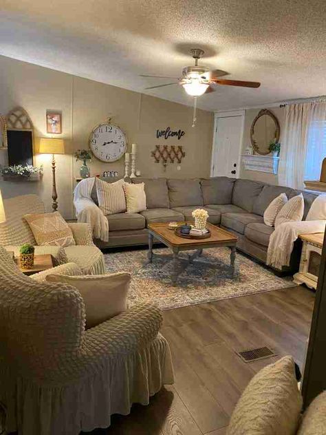 Trailer Living Room Ideas Double Wide, Doublewide Decor Ideas, Double Wide Home Decorating, Mobile Home Space Saving Ideas, Small Trailer Living Room Ideas, Cozy Mobile Home Living Room, Single Wide Living Room Ideas Farmhouse, Mobile Home Flip, Rustic Double Wide Remodel