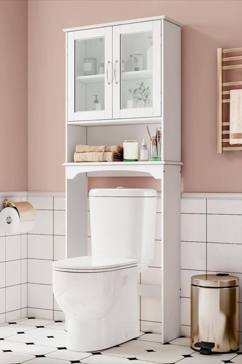 Over The Toilet Storage Cabinet with Double Tempered Glass Doors and Adjustable Shelf, Freestanding Bathroom Storage Rack, 66 Inches Height Small Bathroom Cabinet, Shelves Above Toilet, Shelves Over Toilet, Bathroom Shelves Over Toilet, Shelves Ideas, Bilik Air, Over Toilet, Bath Bathroom, Cubby Storage