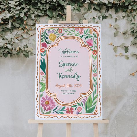 Colorful Floral Spring Welcome Sign, Colorful Flowers Sign, Editable Template, Instant Download, Wedding Welcome Sign, Garden Flowers, DAGNY by ForeverPrintDesign on Etsy Vibrant Pastel Wedding, Floral Wedding Design, Colorful Invitation Suite, Wildflower Wedding Welcome Sign, Hand Painted Wedding Welcome Sign, Simple Garden Party Wedding, Funky Wedding Theme, Whimsical Wedding Welcome Sign, Colorful Wedding Signs