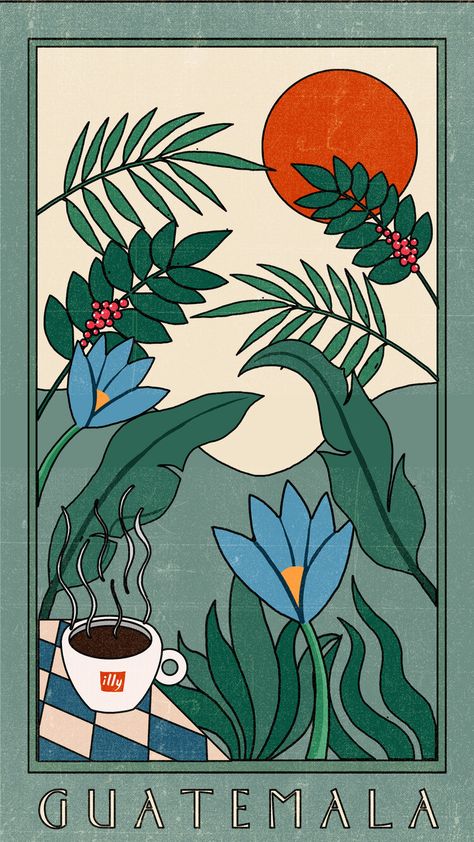 An abstract design of a jungle with a coffee cup titling "illy". Guatemala Aesthetic Art, Cute Coffee Illustration, Guatemala Drawings, Coffee Illustration Artworks, Guatemala Poster, Coffee Plant Illustration, Coffee Art Illustration, Coffee Illustration Art, George Greaves