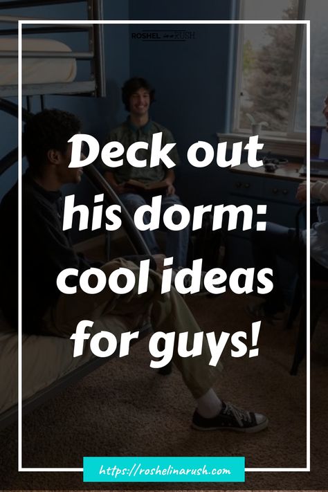 Three young men in a dorm room with text reading "Deck out his dorm: cool ideas for guys!" Room Ideas For Guys, Dorm Room Ideas For Guys, Cozy Aesthetics, Twin Xl Sheets, Bed Risers, College Majors, College Guys, College Graduation Pictures, Dorm Room Ideas